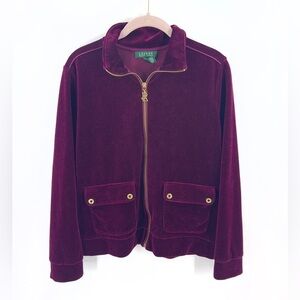 Lauren Ralph Lauren Velvet Jacket Womens L Purple Full Zip Long Sleeve Velour